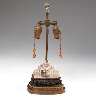 Chinese hair quartz Budai mounted as lamp