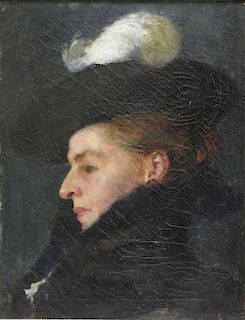 Unsigned 19th C. Oil on Canvas, Lady in Plumed Hat