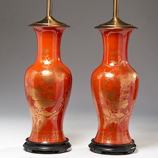 Pair Asian iron red glazed vase lamps