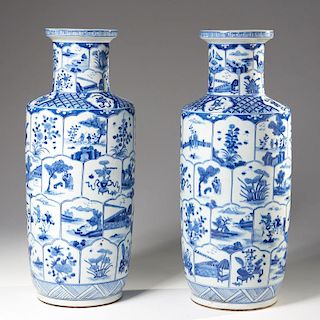 Pair Chinese blue and white Rouleau vases