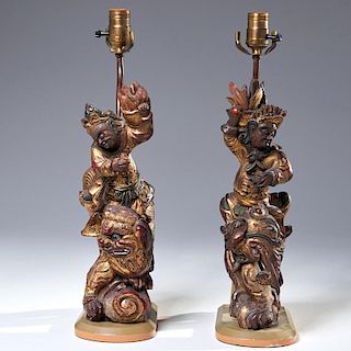 Pair Asian-style carved and jeweled wood lamps