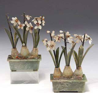 Pair Chinese jade potted flower models