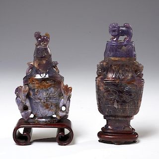 (2) Chinese carved amethyst lidded urns