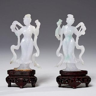 Bookmatched pair Chinese carved jade Meiren