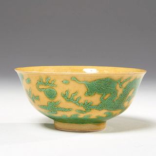 Chinese yellow and green incised Dragon bowl