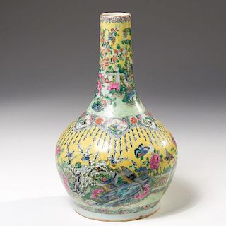 Chinese yellow ground Famille Rose bottle vase