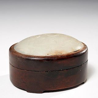 Chinese wood box with jade mounted lid