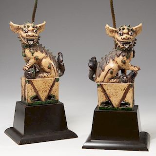 Pair Chinese Buddha lions mounted as lamps