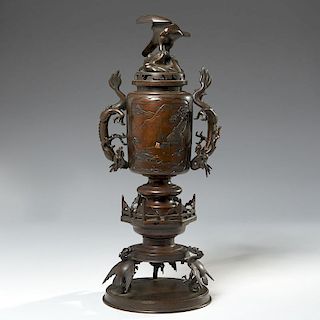 Japanese inlaid bronze urn and cover