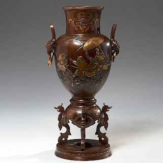 Large Japanese inlaid bronze urn