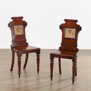 Pair English hall chairs with Minton tiles