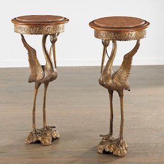 Pair Aesthetic bronze crane pedestal tables
