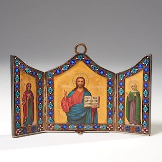 Good Russian enameled silver icon triptych