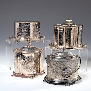 (4) English silver plated biscuit barrels