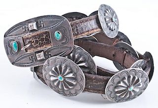 Navajo Silver and Turquoise Concha Belt with Stamped Whirling Logs