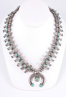 Dainty Navajo Silver and Turquoise Squash Blossom Necklace