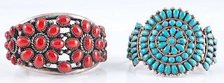 Navajo and Zuni Silver Cuff Bracelets with Stone Clusters