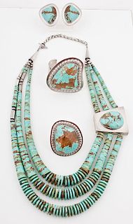 Jimmy Calabaza "Ca'Win" (Kewa, 20th century) Silver and Turquoise Jewelry Set