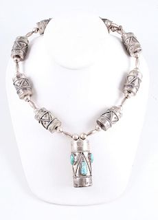 Navajo Drum Silver and Turquoise Necklace