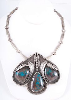 Navajo Silver Necklace with Three Large Turquoise Stones