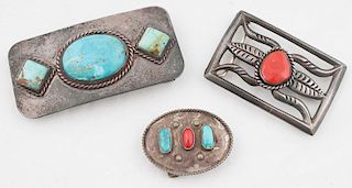 Navajo Silver Belt Buckles Set with Turquoise and/or Coral Cabochons