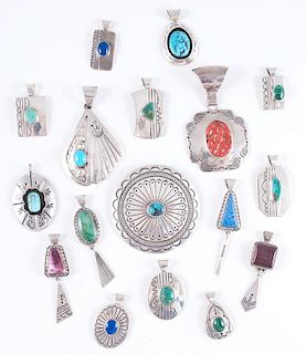Stamped Silver with Inlay Pendants and Brooch, from the Estate of Lorraine Abell (New Jersey, 1929-2015)