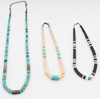 Pueblo Style Rolled Turquoise, Jet, and Bone Necklaces