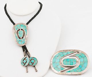 Dickie and Amy Quandelacy (Zuni, 20th century) Turquoise and Silver Belt Buckle AND Bolo