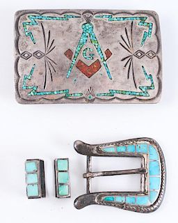 Navajo Silver Belt Buckle with Turquoise and Coral Freemason Symbol PLUS