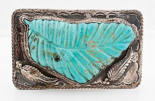 Substantial Navajo Silver and Turquoise Belt Buckle