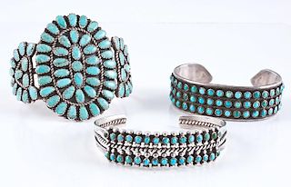 Lura Moses Begay (Dine, 20th century) Navajo Silver and Turquoise Cluster Cuff Bracelet PLUS Zuni Turquoise Cluster Cuff Brac
