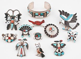 Zuni Mosaic Inlay Pins, Pendants, Ring, and Bracelet