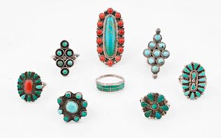 Zuni Silver Rings with Turquoise and/or Coral Clusters