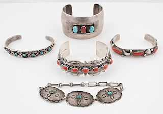 Navajo Silver Cuff Bracelets Set with Turquoise and/or Coral
