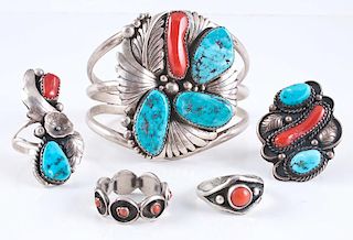 Navajo Coral and Turquoise Bracelet and Rings