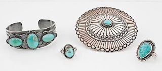 Sunshine Reeves (Dine, 20th century) Stamped Silver and Turquoise Brooch PLUS