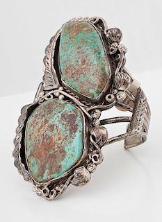 Large Navajo Silver and  Turquoise Cuff Bracelet