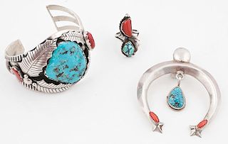 Sam Lovato (Kewa, 1935-1999) Silver, Turquoise, and Coral Bracelet AND Navajo Silver, Turquoise, and Coral Naja PLUS