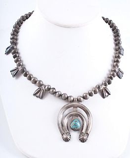 Delicate Navajo Silver and Turquoise Squash Blossom Necklace
