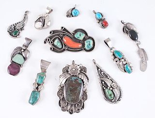 Silver Pendants and Pins with Assorted Stone Inlay, from the Estate of Lorraine Abell (New Jersey, 1929-2015)