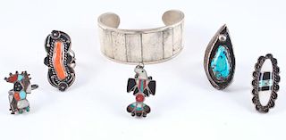 Navajo Silver and Turquoise Rings, Zuni Inlaid Pendant, and Mexican Silver Bracelet
