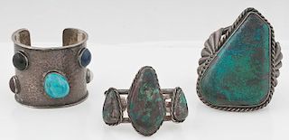Mexican Silver Bracelet in the Style of Celia Harms (Mexican, 20th Century) PLUS Navajo Silver and Turquoise Cuff Bracelets