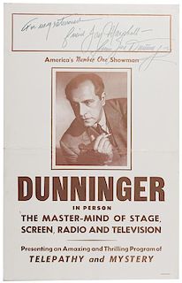 Dunninger In Person. The Master—Mind of Stage, Screen, Radio and Television. Signed Window Card.