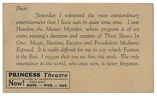 Houdini “Master Mystifier” Princess Theatre Postcard.