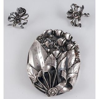 Hobé Brooch and Earrings in Sterling Silver 38.7 Dwt.