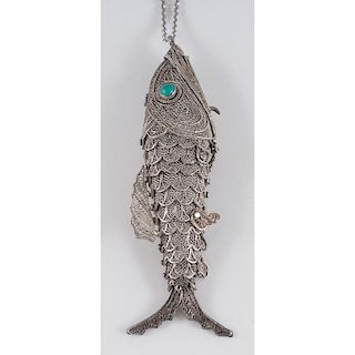 Articulated Fish Pendant with Turquoise in Silver 13.68 Dwt.