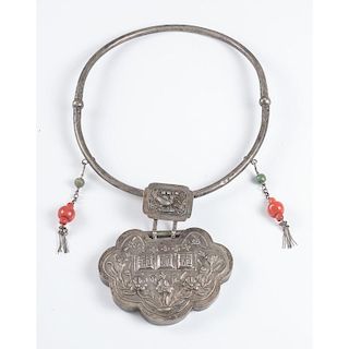 Chinese Silver Lock Necklace with Coral 113.6 Dwt.