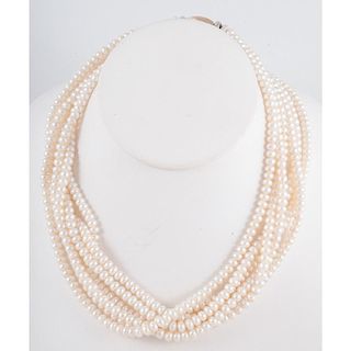 Cultured Pearl Multistrand Necklace With 14 Karat Gold Clasp 57.2 Dwt.