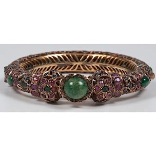 Hinged Bangle with Rubies, Sapphires, Emeralds, and Nephrite