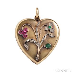 Antique 14kt Gold Gem-set Locket, Russia, the large, heart-shape slide locket opening to two mirrored compartments, with flow